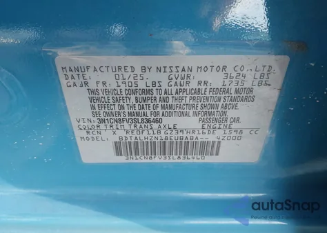 2025 Nissan Versa 1.6 Sr z USA, uszkodzony, nr VIN 3N1CN8FV3SL836460